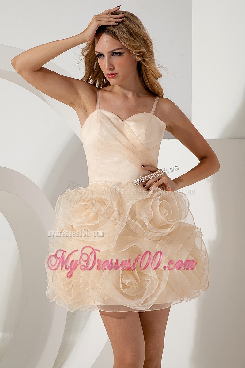 Champagne Straps Rolling Flowers Short Prom Cocktail Dress