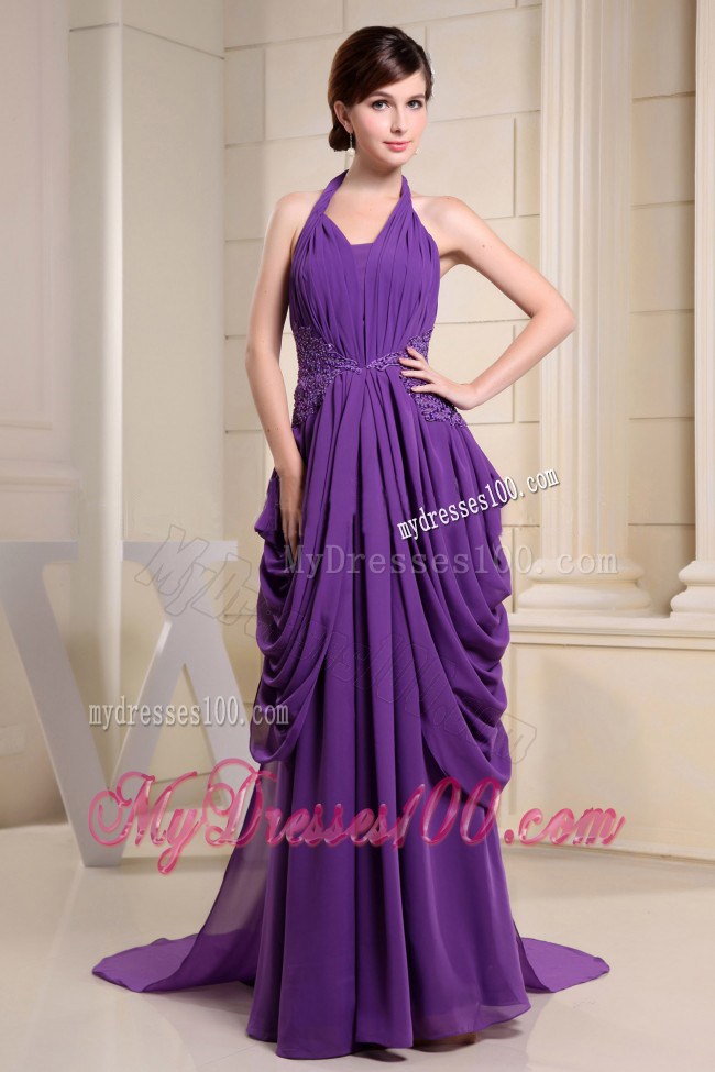 Purple Halter Watteau Train Prom Dress With Ruche and Appliques