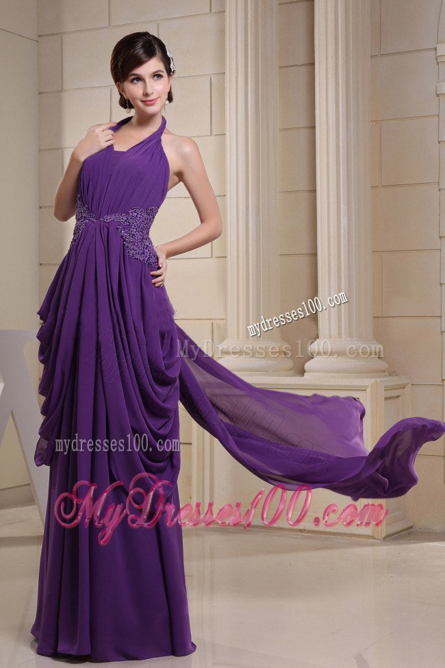 Purple Halter Watteau Train Prom Dress With Ruche and Appliques