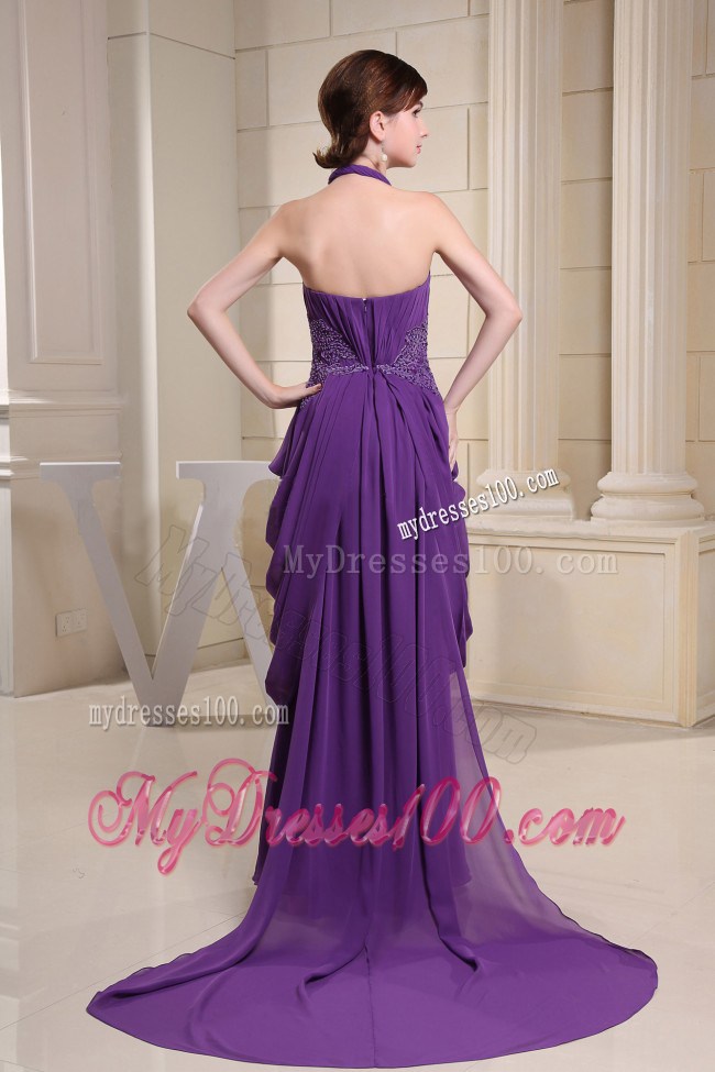 Purple Halter Watteau Train Prom Dress With Ruche and Appliques