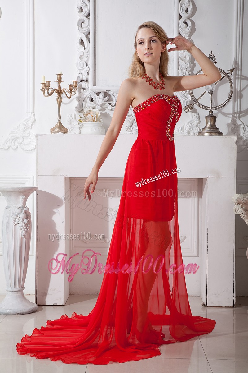 High-low Red Column Strapless Prom Dress with Beaded Decorate