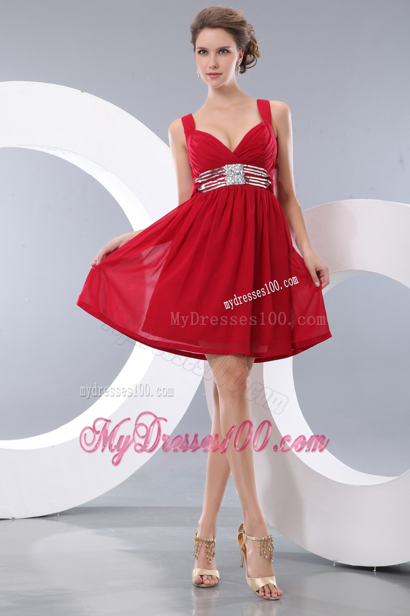 Red Empire Straps Mini-length Sequins Prom Homecoming Dress