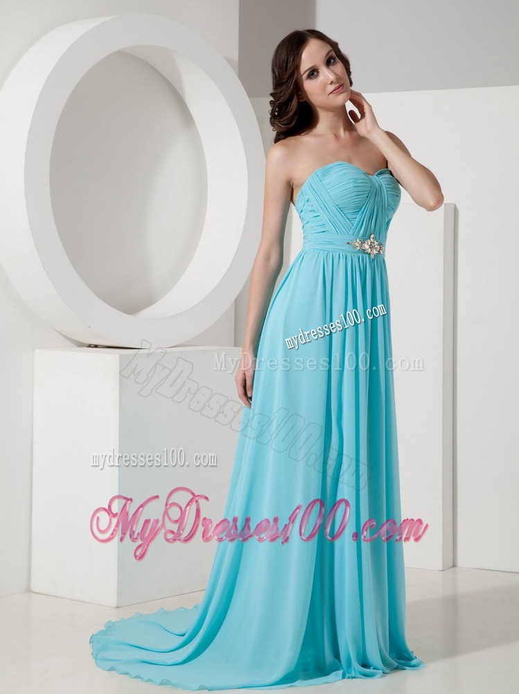 Formal Aqua Blue Sweetheart Beading Prom Dress with Brush Train