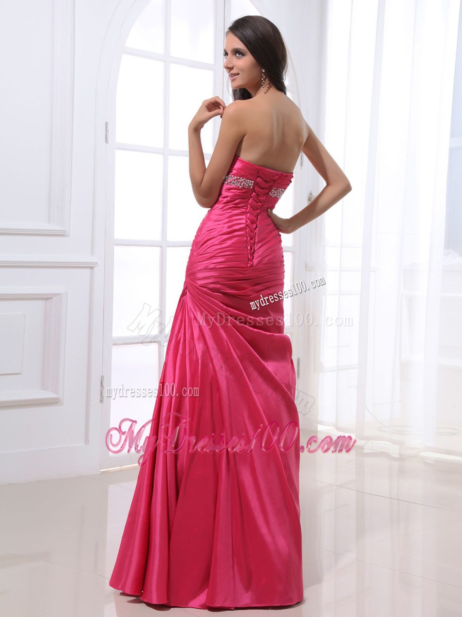 Ruched Bodice and Beading For Prom Dress With Hot Pink and Floor-length