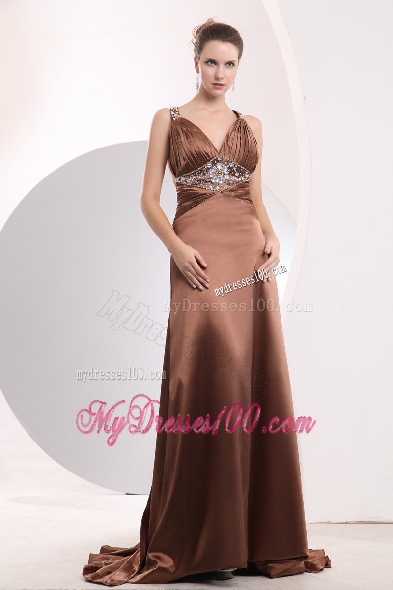 Sexy Brown Empire Straps Watteau Train Beading Prom Dress