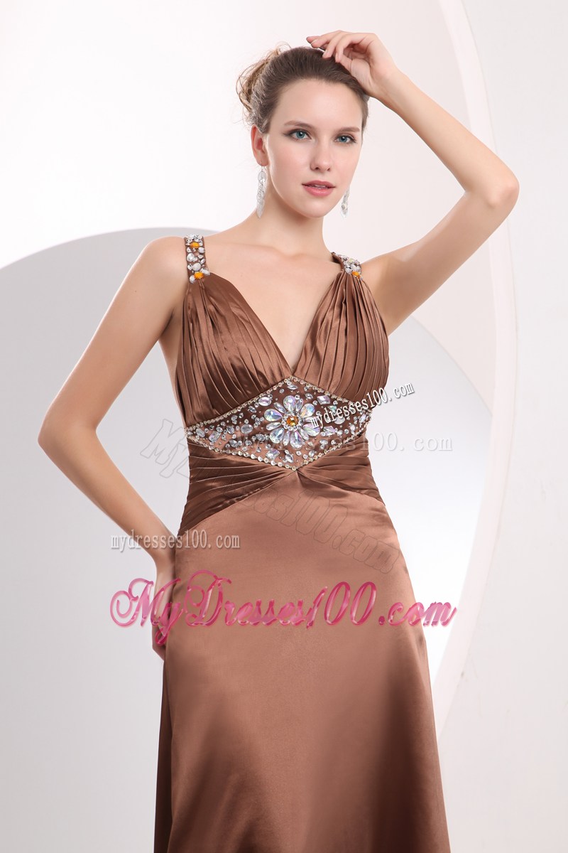 Sexy Brown Empire Straps Watteau Train Beading Prom Dress