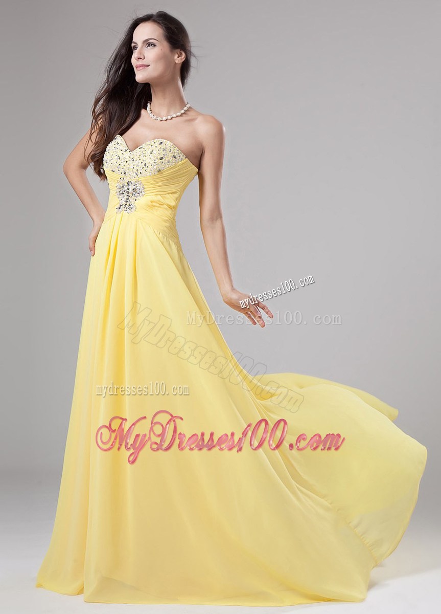 Yellow Sweetheart Beading Brush Sweep Prom Dress with Empire