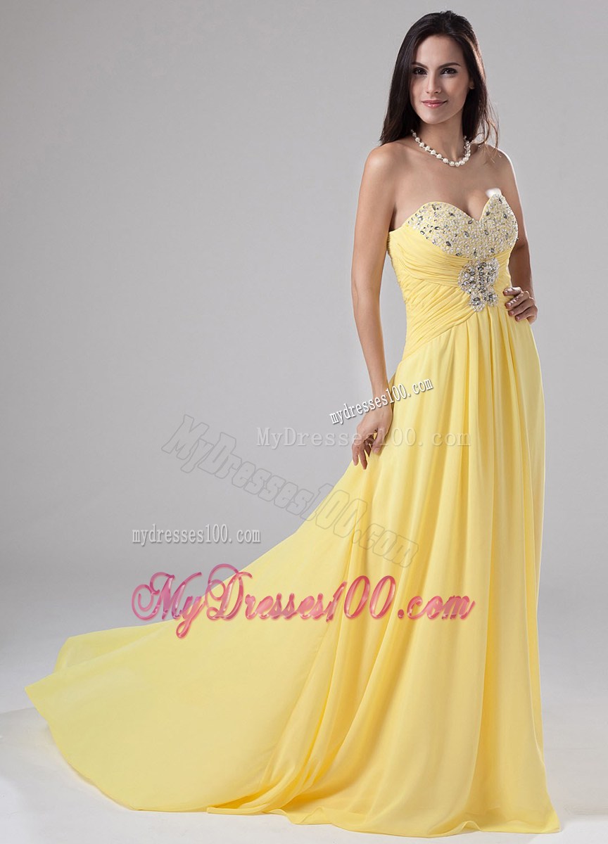 Yellow Sweetheart Beading Brush Sweep Prom Dress with Empire