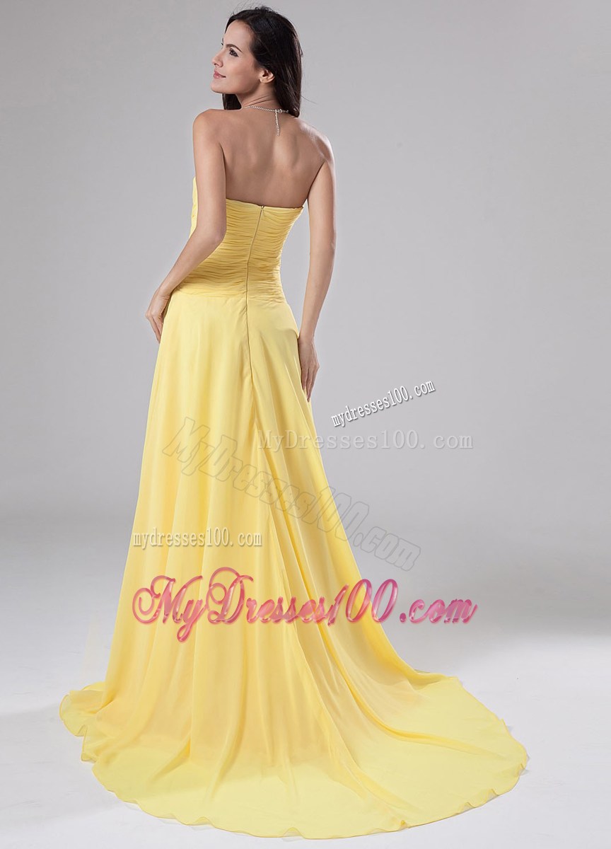 Yellow Sweetheart Beading Brush Sweep Prom Dress with Empire