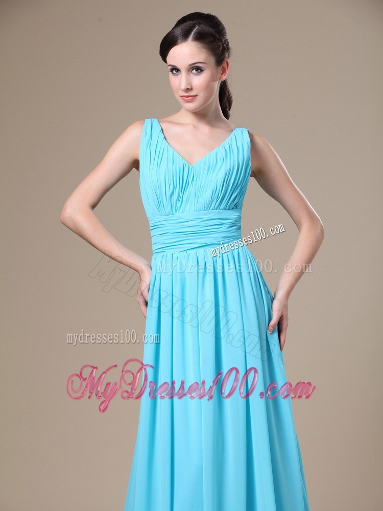 Aqua Blue V-neck Ruched Bodice For Modest Prom Formal Dress