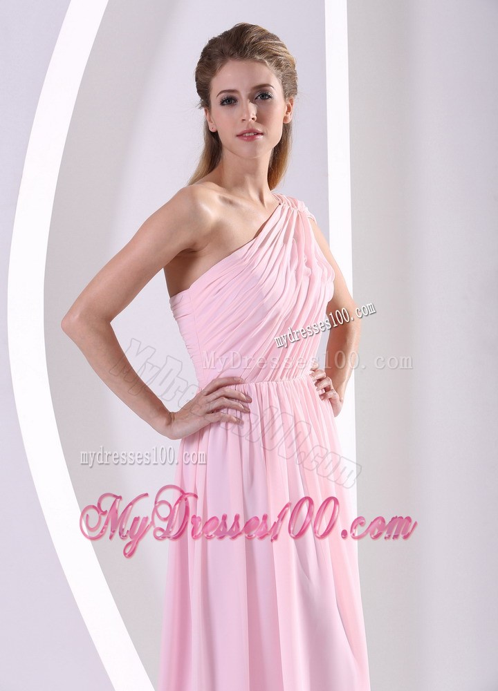 One Shoulder Baby Pink Watteau Train Ruched Bodice Prom Dress