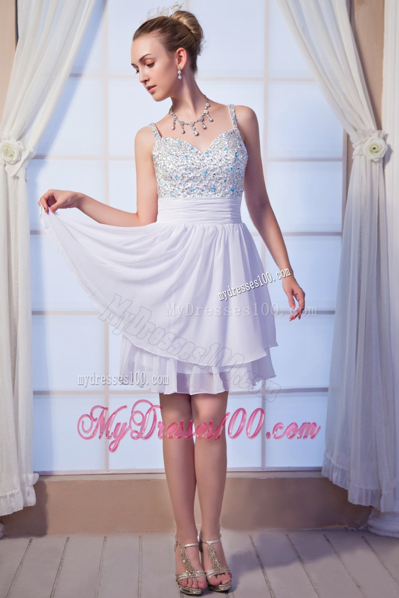 White Empire Straps Mini-length Beaded Decorate Prom Dress