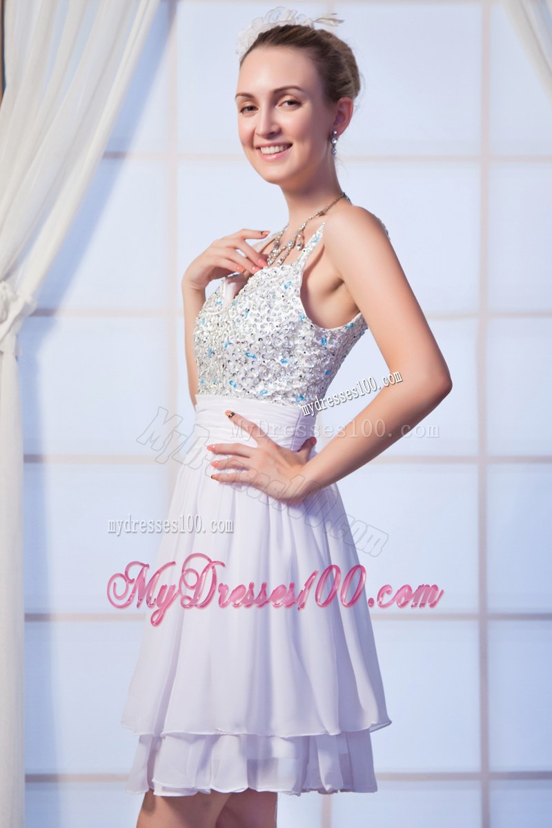 White Empire Straps Mini-length Beaded Decorate Prom Dress