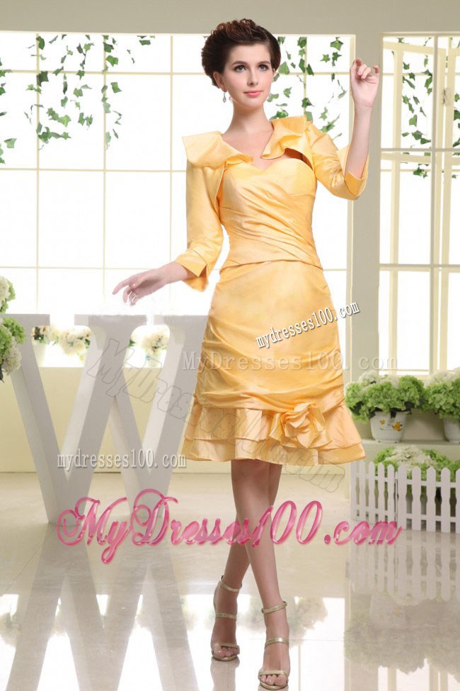 Yellow Sweetheart Knee-length Hand Made Flower Prom Party Dress