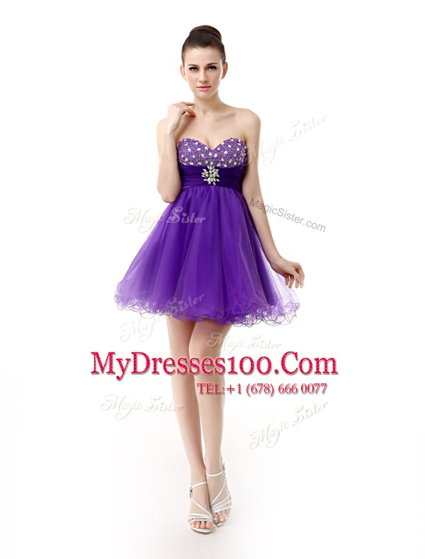 Knee Length Zipper Prom Evening Gown Purple for Prom and Party with Beading