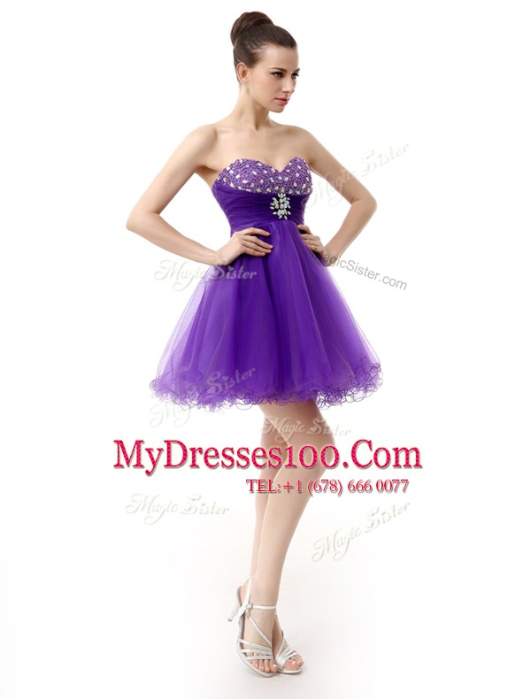 Knee Length Zipper Prom Evening Gown Purple for Prom and Party with Beading