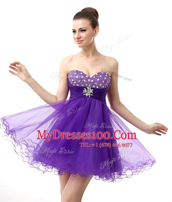 Knee Length Zipper Prom Evening Gown Purple for Prom and Party with Beading