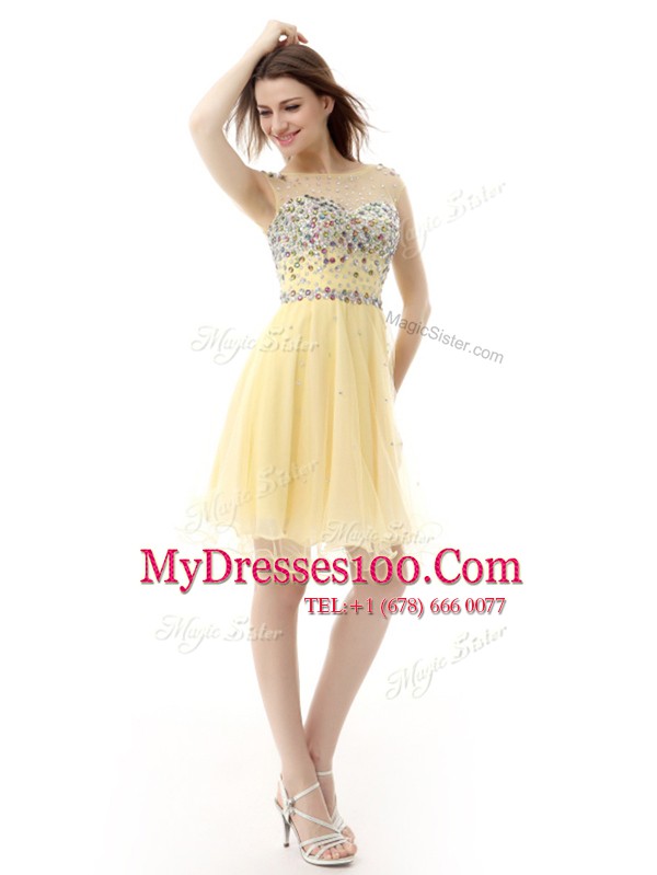 Light Yellow Sleeveless Knee Length Beading Zipper Evening Dress