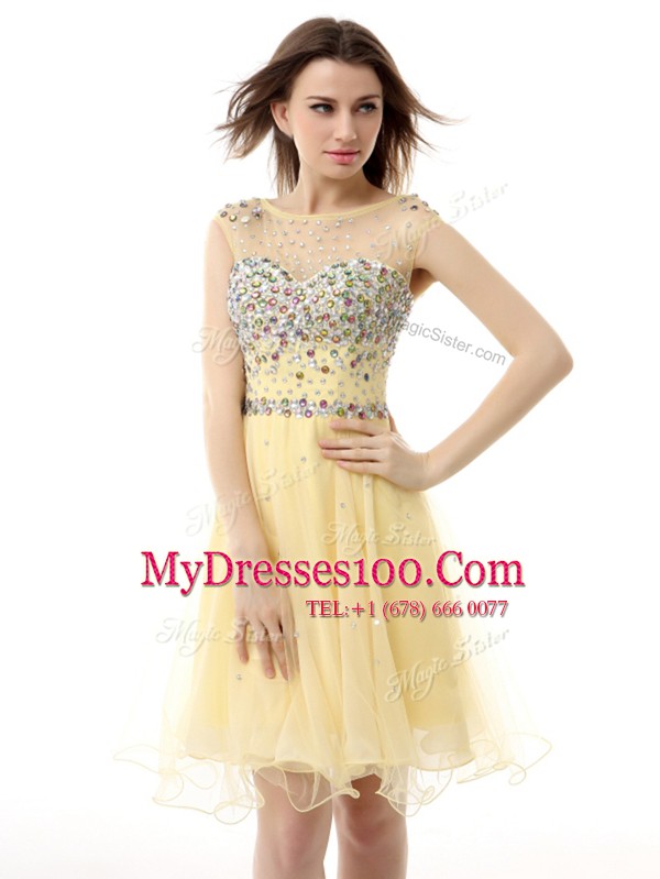 Light Yellow Sleeveless Knee Length Beading Zipper Evening Dress