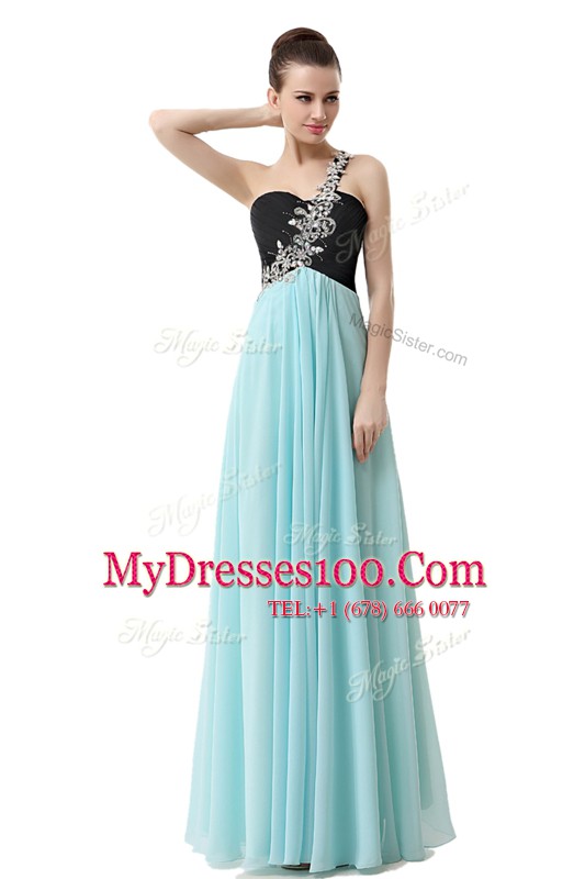 One Shoulder Blue And Black Empire Beading and Ruffles Prom Dress Zipper Chiffon Sleeveless Floor Length