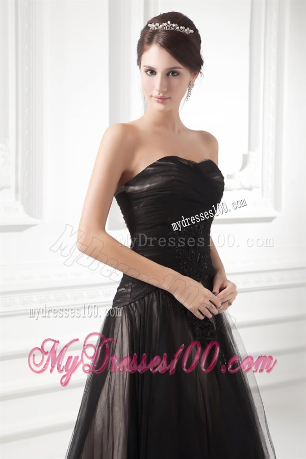 Formal Empire Sweetheart Court Train Black Tulle Ruching Evening Dress