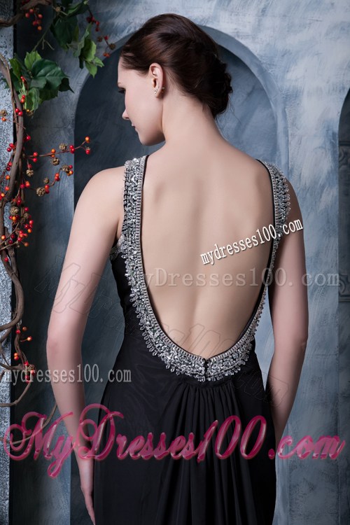 High-neck Black Backless Dresses for Prom with Beading and Brush Train