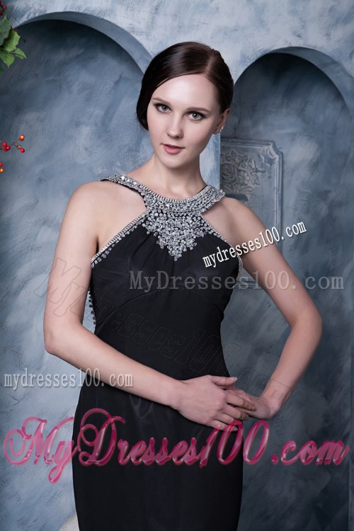 High-neck Black Backless Dresses for Prom with Beading and Brush Train