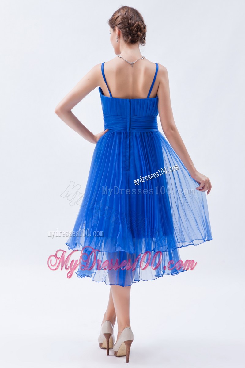 Teal-Length Ruche Decorated Blue Organza Prom Gown Dresses with Straps