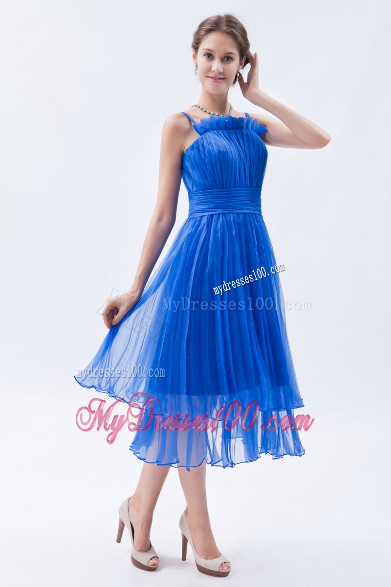 Teal-Length Ruche Decorated Blue Organza Prom Gown Dresses with Straps