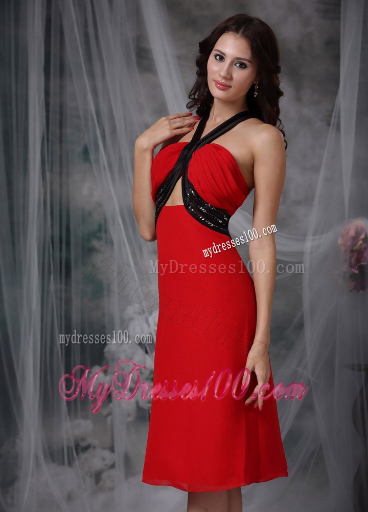 Red and Black V-neck Tea-Length Beaded Prom Dress with back Out