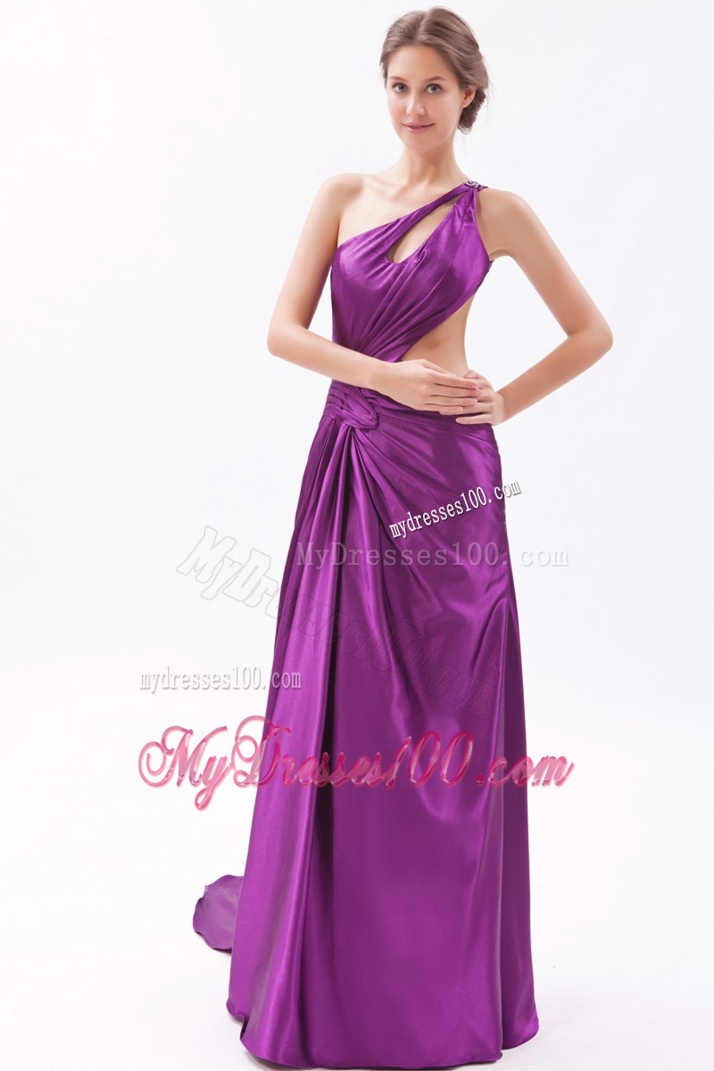 Purple Asymmetrical Brush Train Prom Gown with Ruche and Cool Back