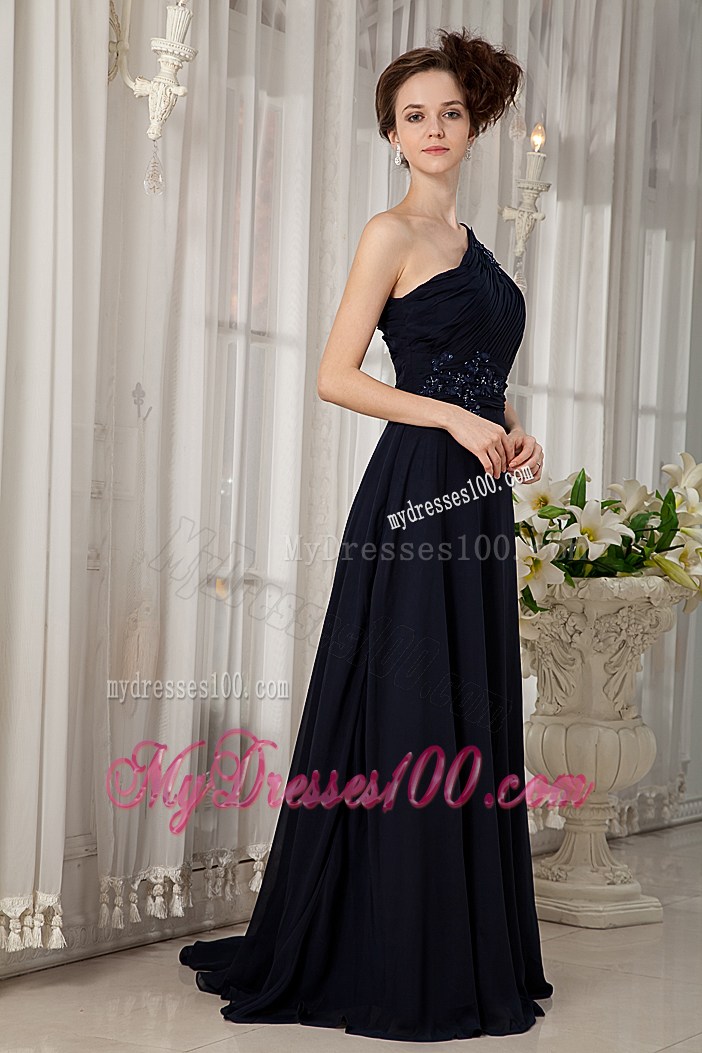 One Shoulder Ruched Prom Dresses in Navy Blue with Watteau Train