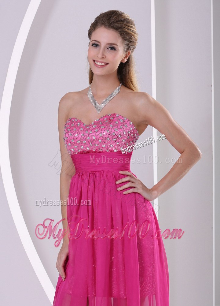 High-low Floor-length Paillette Chiffon Prom Dresses in Hot Pink