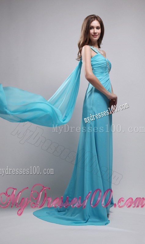 Aqua Blue Column One Shoulder Watteau Train Chiffon Beaded Prom Gown