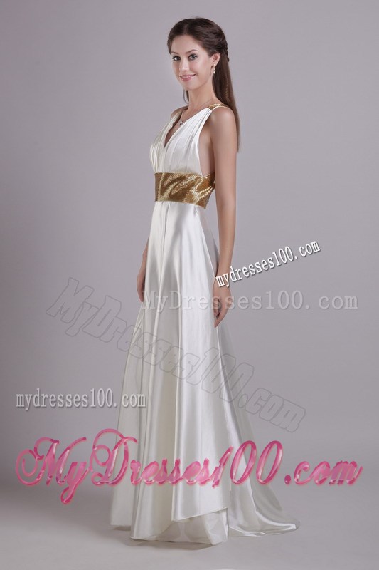 Pearl White Floor-length Prom Dress with Side Slit and Ciss-Cross Back