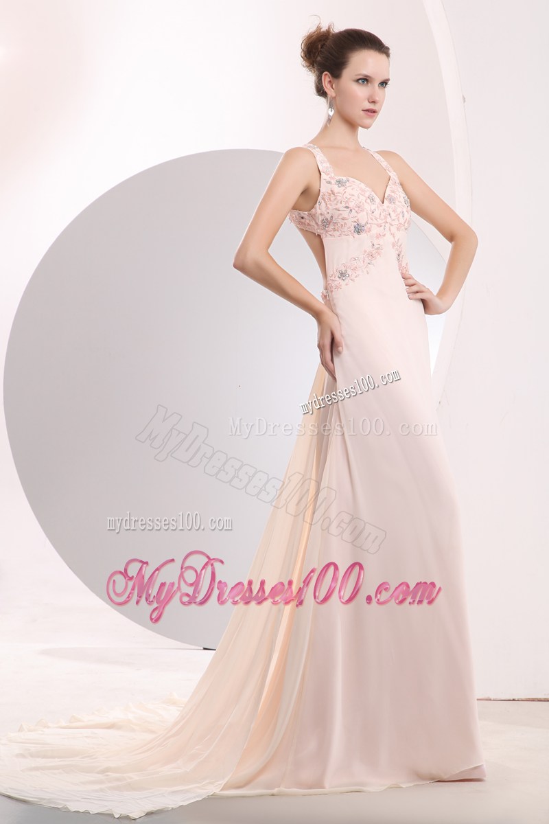 Appliques and Criss-cross Back Decorate Light Pink Prom Dress with Brush Train