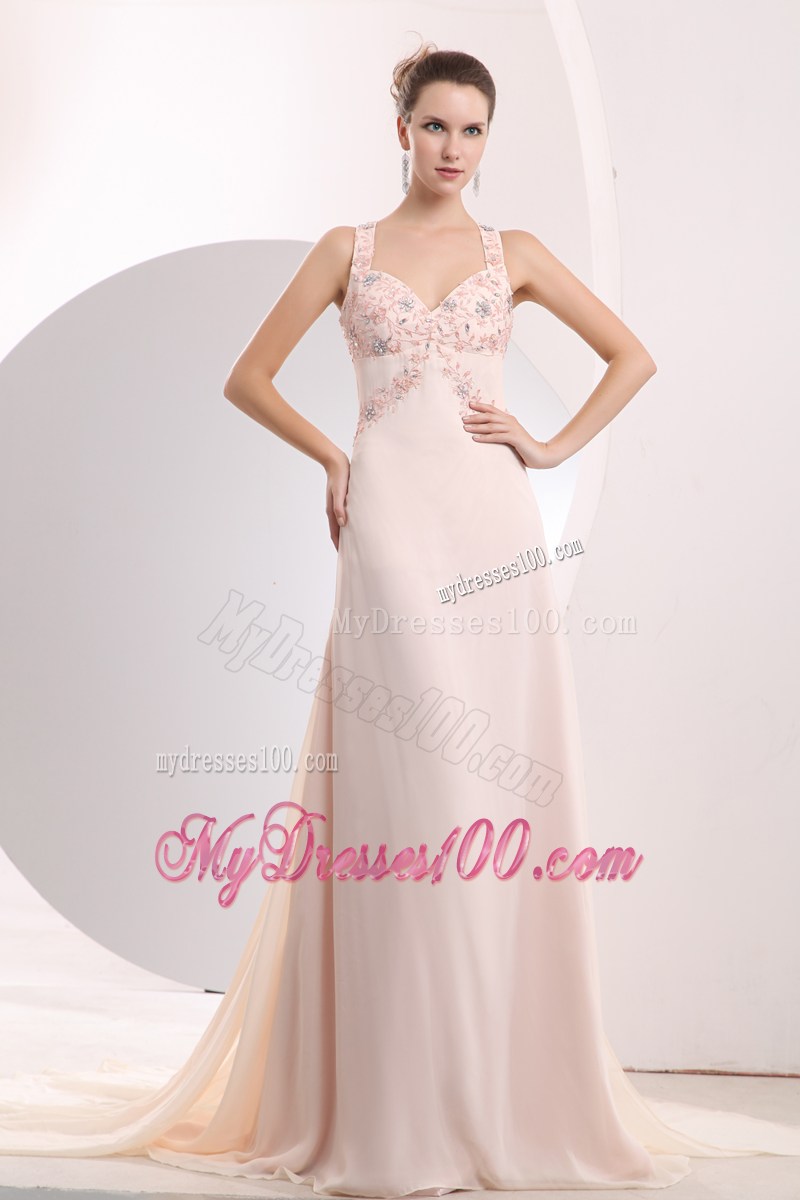 Appliques and Criss-cross Back Decorate Light Pink Prom Dress with Brush Train