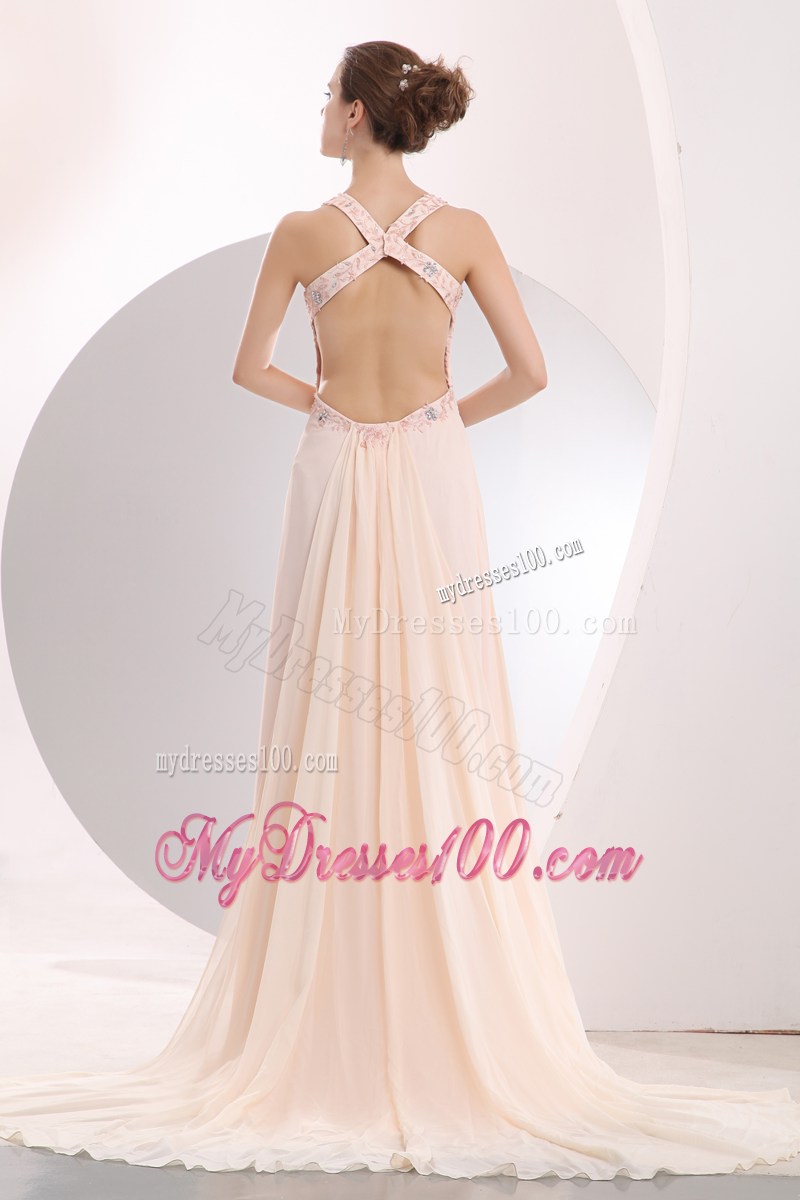 Appliques and Criss-cross Back Decorate Light Pink Prom Dress with Brush Train