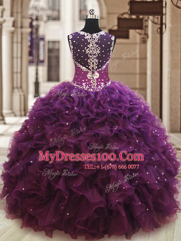 Straps Sleeveless Quinceanera Gowns Floor Length Beading and Ruffles Dark Purple Organza