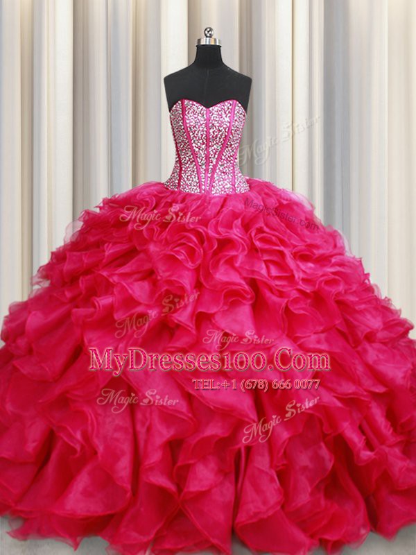 Chic Coral Red Lace Up Sweetheart Beading and Ruffles Ball Gown Prom Dress Organza Sleeveless Brush Train