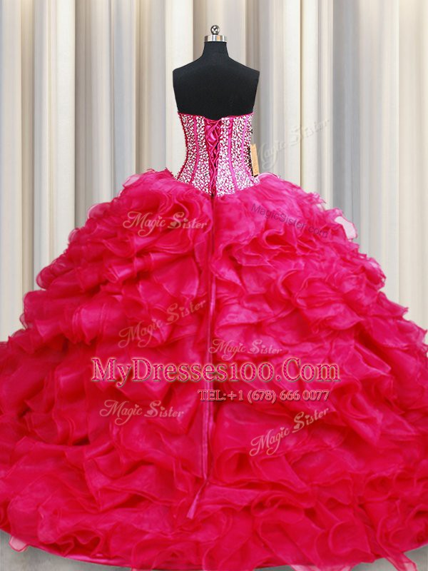 Chic Coral Red Lace Up Sweetheart Beading and Ruffles Ball Gown Prom Dress Organza Sleeveless Brush Train