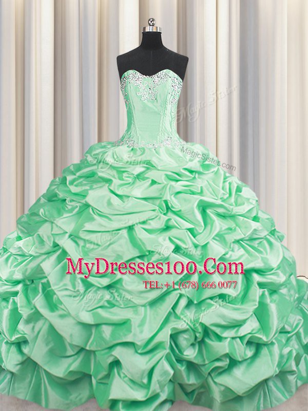 Adorable Pick Ups Brush Train Ball Gowns Quinceanera Dress Apple Green Sweetheart Taffeta Sleeveless With Train Lace Up