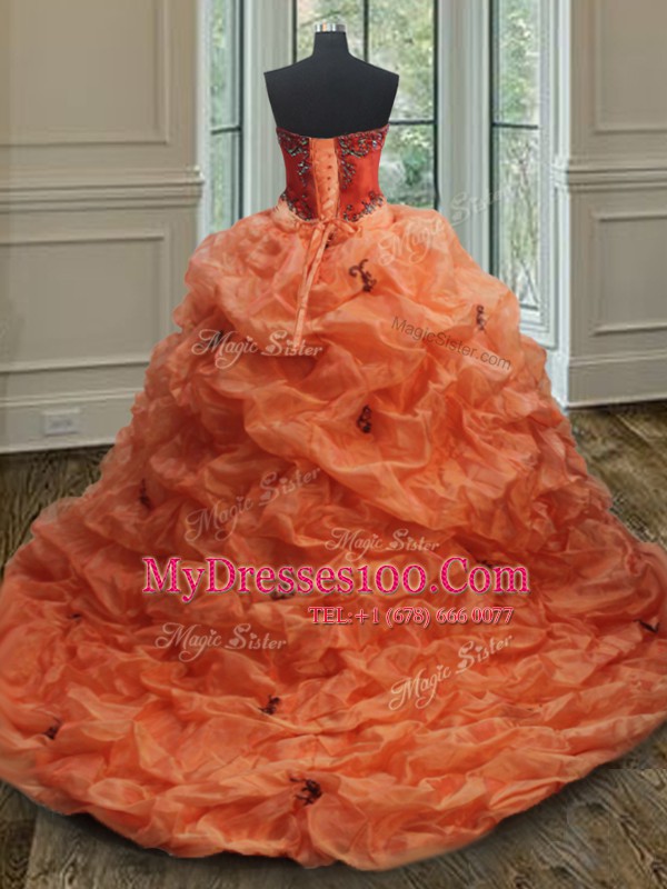 Perfect Pick Ups Brush Train Ball Gowns Sweet 16 Dress Orange Red Sweetheart Organza Sleeveless With Train Lace Up