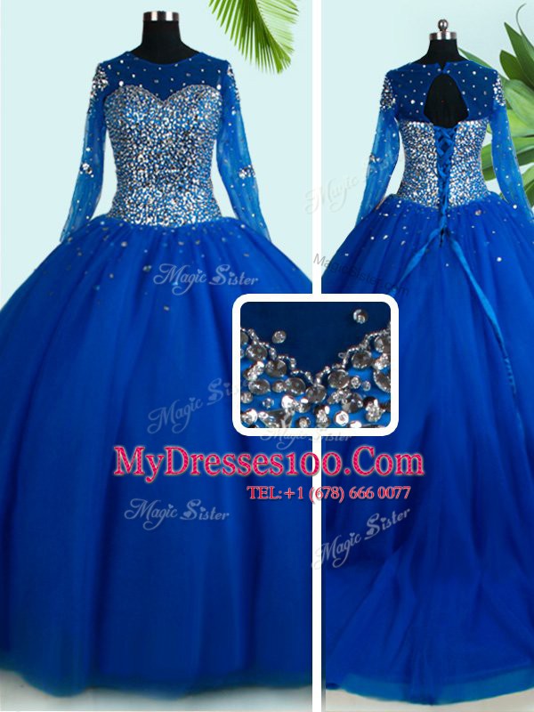 Cheap Scoop Long Sleeves 15th Birthday Dress With Brush Train Beading Royal Blue Tulle