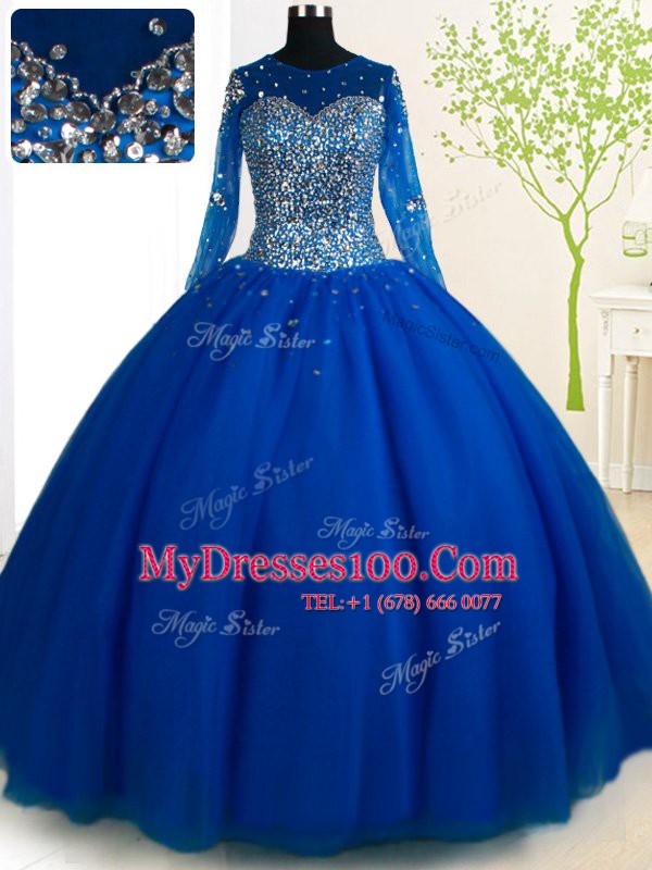 Cheap Scoop Long Sleeves 15th Birthday Dress With Brush Train Beading Royal Blue Tulle