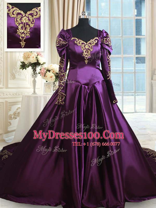 Dark Purple Taffeta Zipper Off The Shoulder Long Sleeves With Train Sweet 16 Dresses Chapel Train Beading and Embroidery