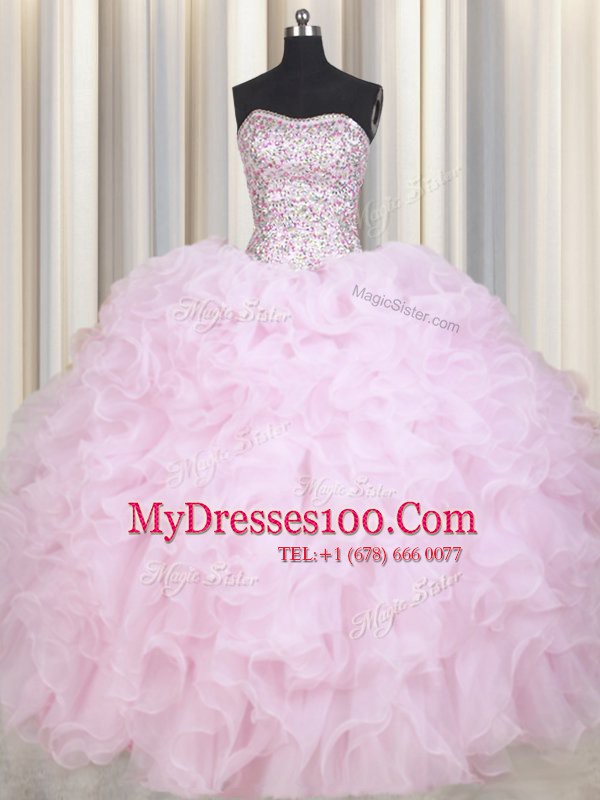 Baby Pink Ball Gowns Beading and Ruffles 15 Quinceanera Dress Lace Up Organza Sleeveless Floor Length