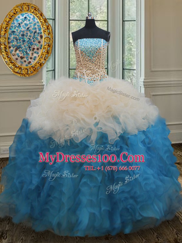 Clearance Sleeveless Organza Floor Length Lace Up Vestidos de Quinceanera in Multi-color with Beading and Ruffles