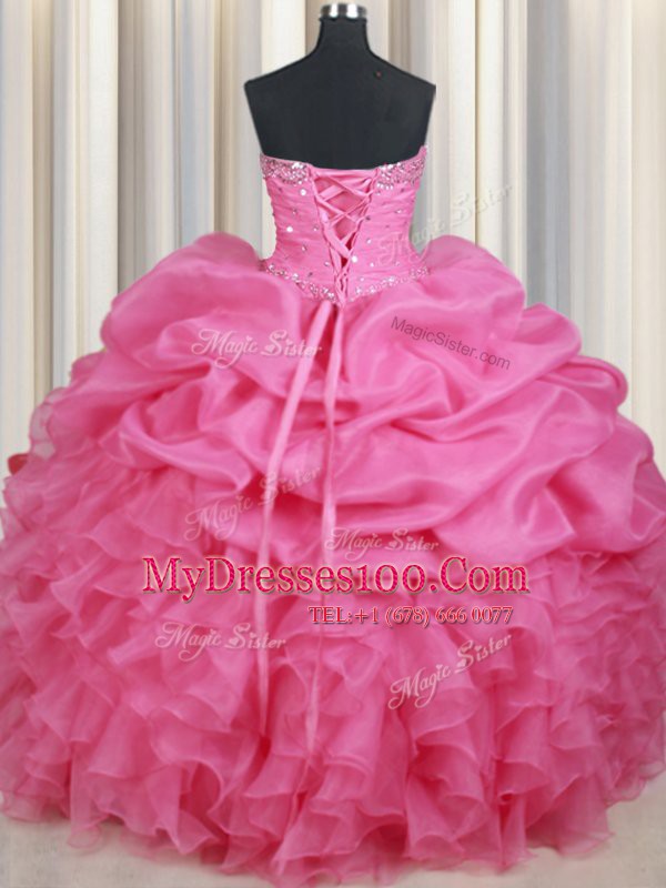 Rose Pink Ball Gowns Sweetheart Sleeveless Organza Floor Length Lace Up Beading and Ruffles and Pick Ups Quince Ball Gowns