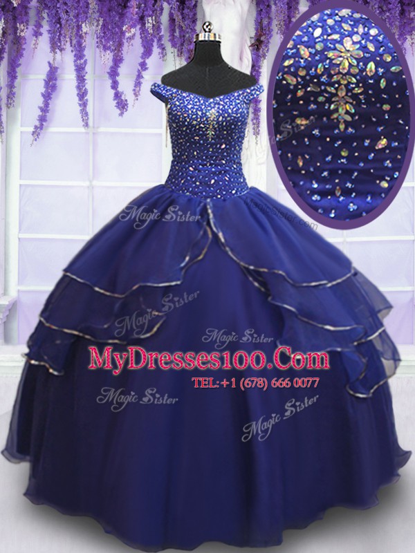 Vintage Off the Shoulder Beading and Ruffled Layers and Sequins Quinceanera Gowns Royal Blue Lace Up Sleeveless Floor Length